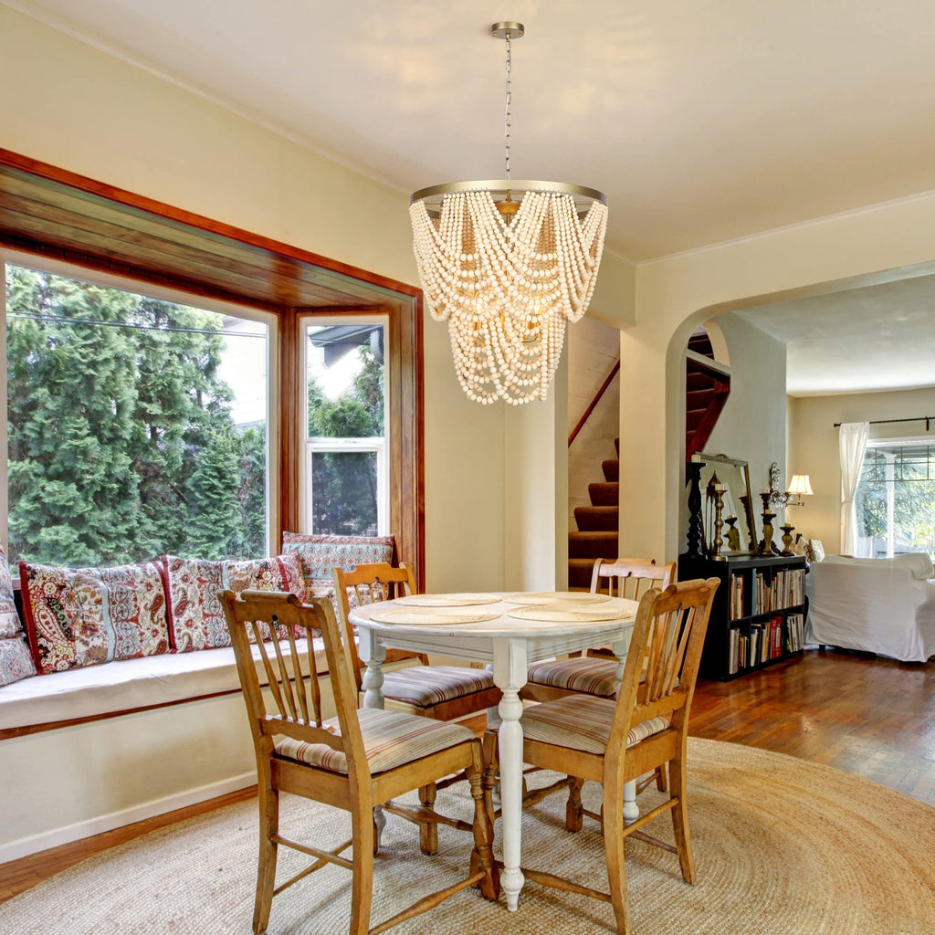 6-Light Bohemia Wood Beaded Chandelier, Coastal Pendant Light, Modern Farmhouse Light Fixtures, Gold and Oak Finish