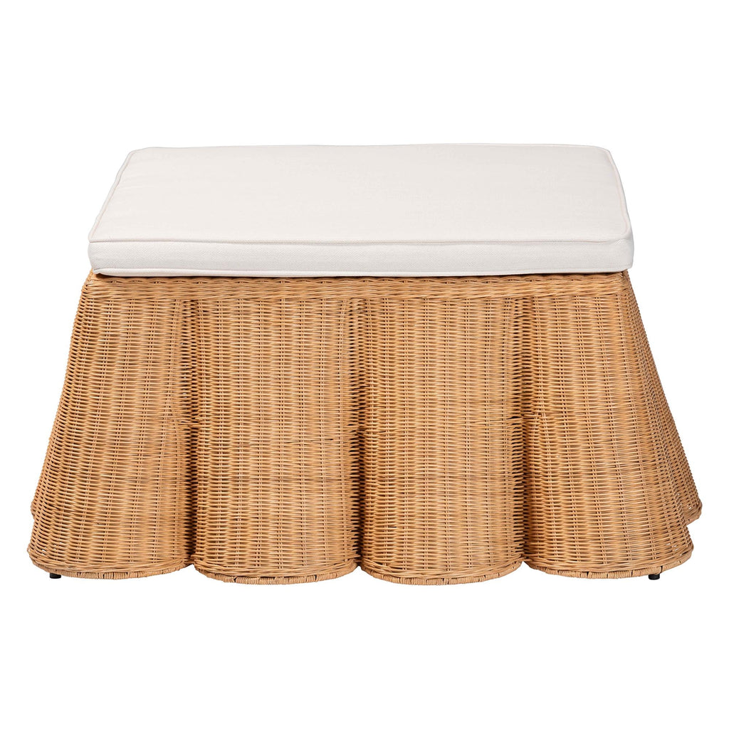 Palm Scallop Natural Rattan Ottoman with Cushion - Handwoven Wicker Accent Bench or Footrest, or Sunroom Decor