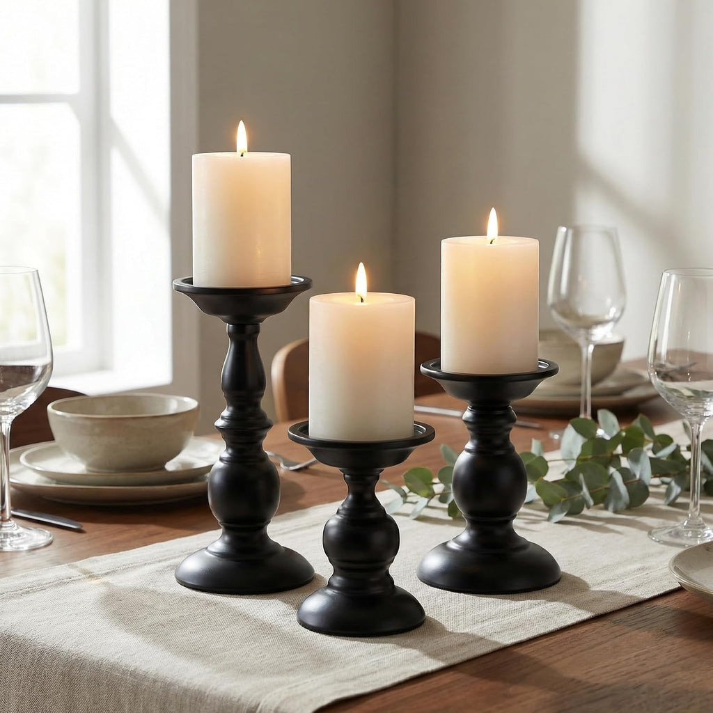 Black Pillar Candle Holders Set of 3, Vintage Candle Holder for Table Centerpiece & Fireplace Decor, Decorative