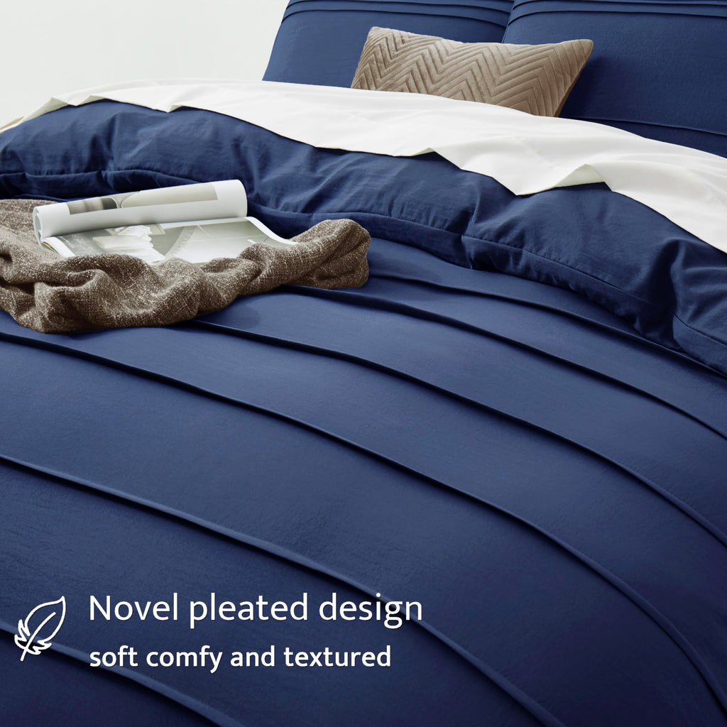 3PCS Pleated Duvet Cover Set, Navy Blue