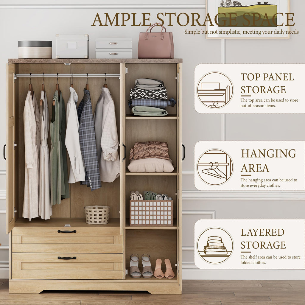 62" Wooden Armoire Wardrobe Closet with Mirror, Natural, 3 Doors