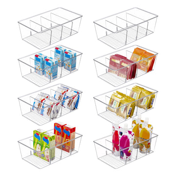 8 Pack Food Storage Organizer Bins, Clear Plastic, 4 Compartments