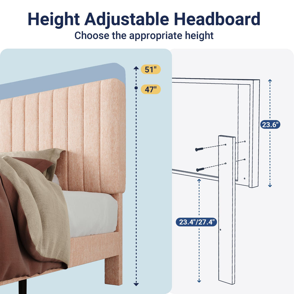 Full Bed Frame, Upholstered Platform Bed with Adjustable Vertical Channel Tufted Headboard, Mattress Foundation with