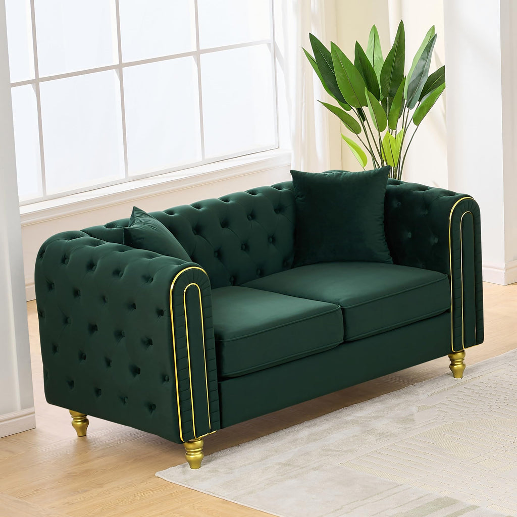 Velvet Chesterfield Button Tufted Sofa, Modern 2 Deep Seater Couch, Upholstered Comfy Loveseat Sofa with 2 Pillows