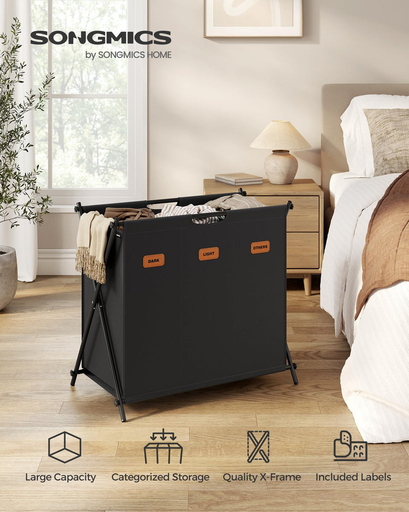 Laundry Hamper, 35.6 Gal. 3 Sections, Collapsible X-Frame