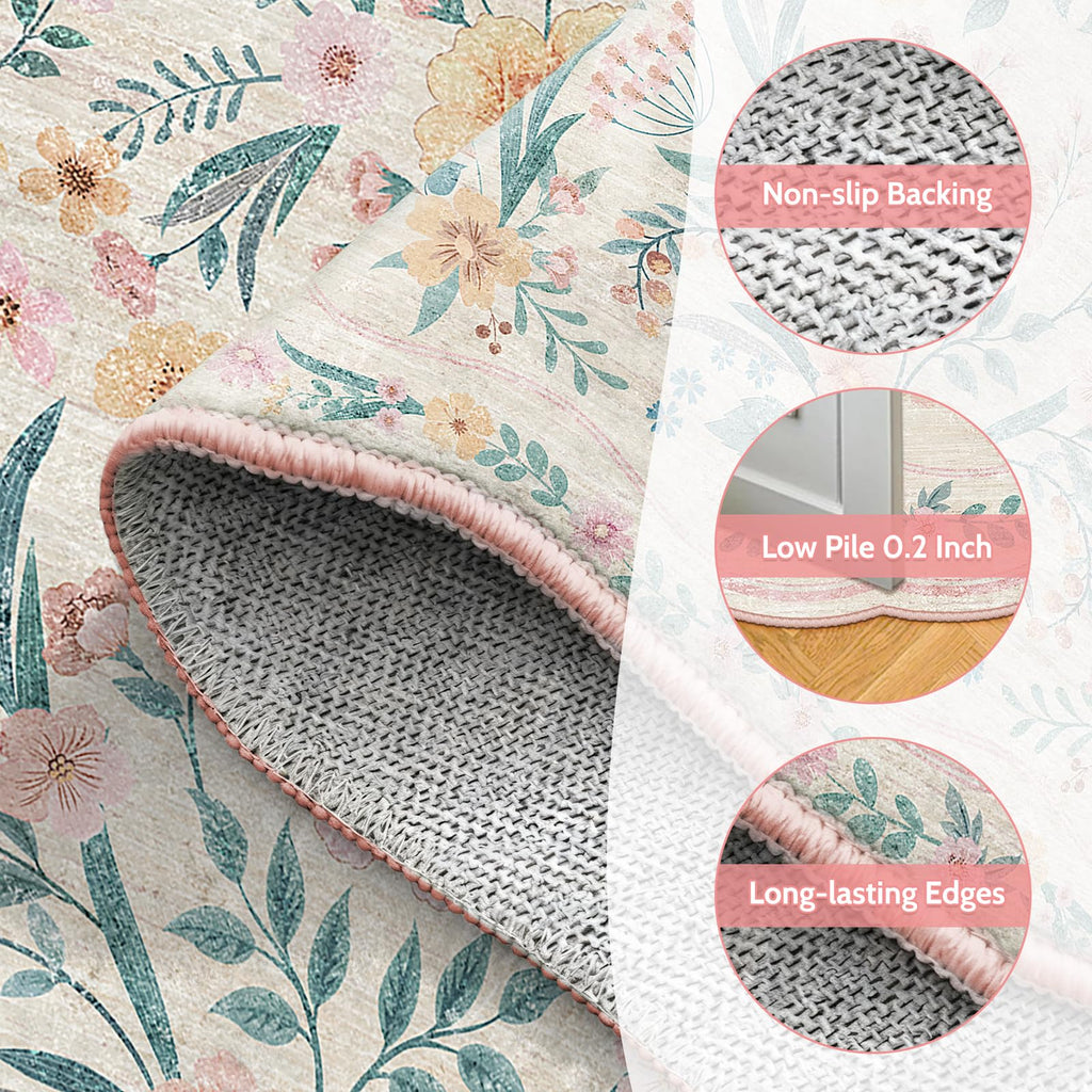 Scalloped Floral Runner Rug, Pink Washable Non-Slip Boho Hallway Rug, Soft Cute Carpet Runner, Laundry, Entryway