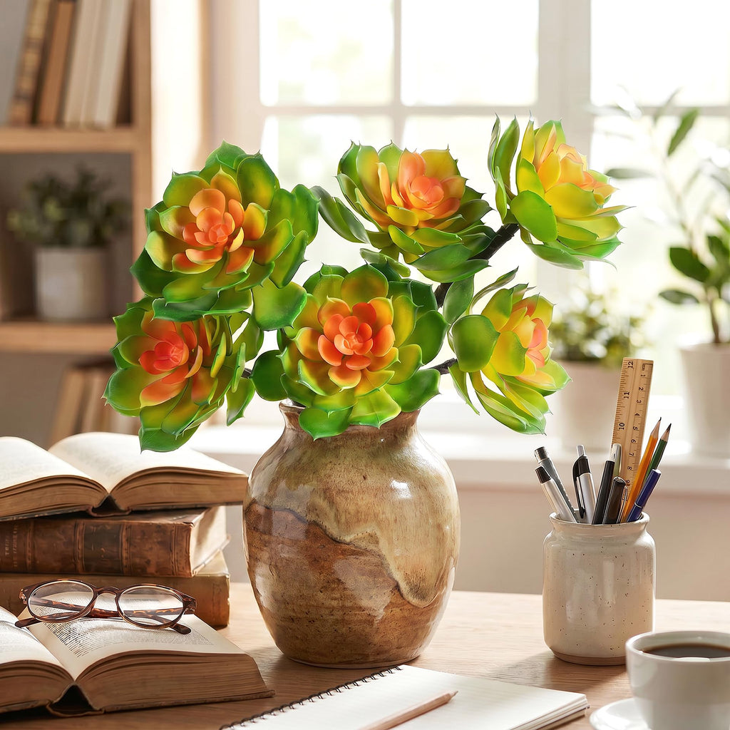 2 Pcs Large Artificial Succulent Plants, 14.2-Inch Green Orange Rounded Rosettes, 3 Heads Each, UV-Resistant Unpotted