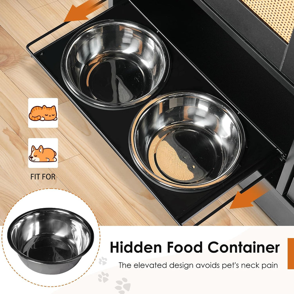 Dog Feeding Station with Wicker Storage, Dog Food Storage Cabinet with 2 Bowls & Side Hooks, Pet Organizer, Dogs