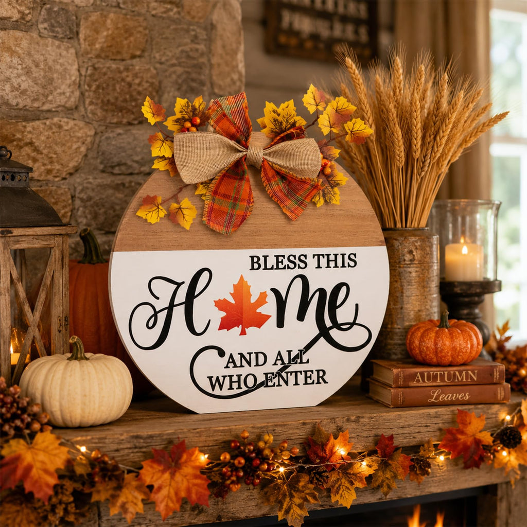 Interchangeable Welcome Sign for Front Door with 4 Seasonal Wreath and 14 Changeable Icons, Bless This Home for