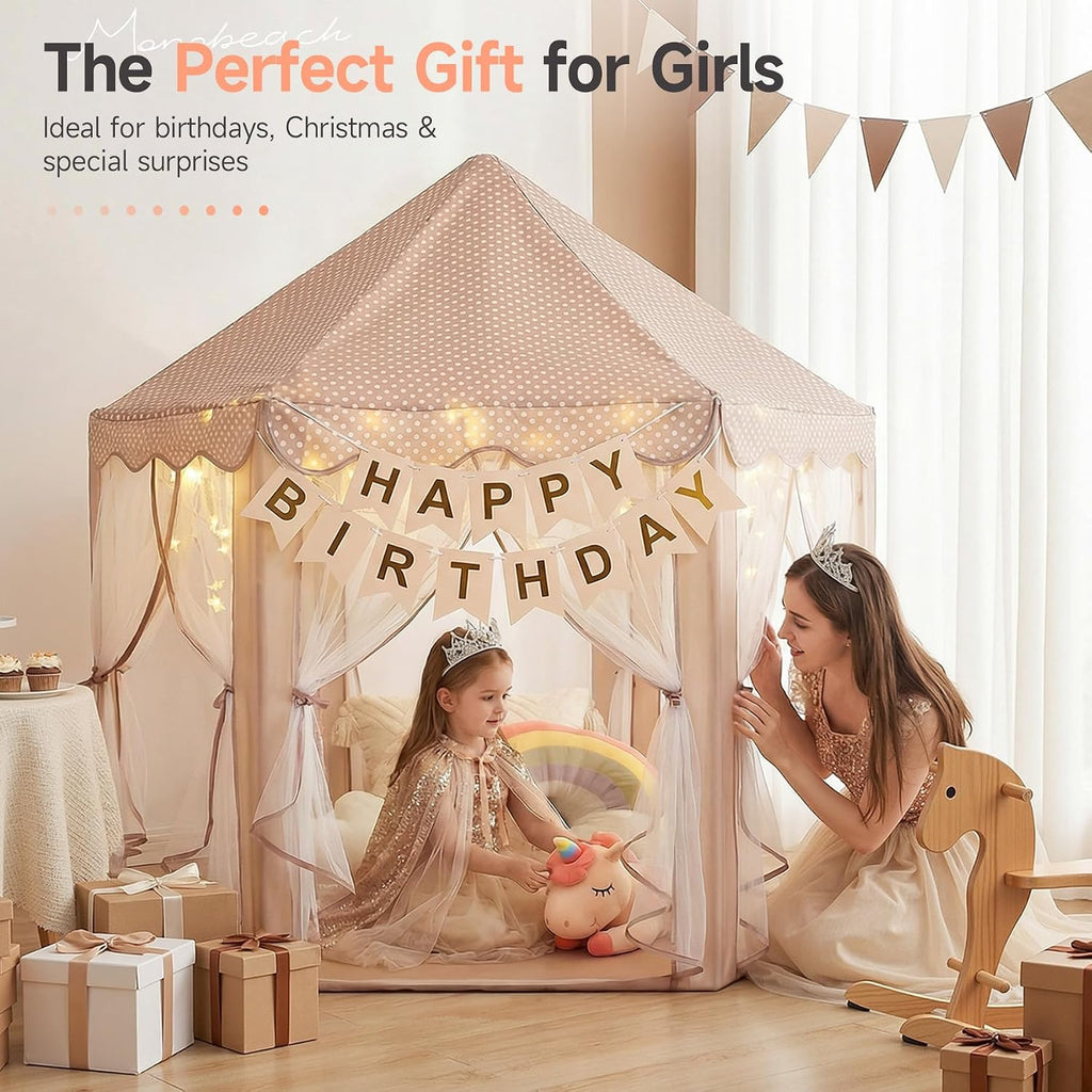 Princess Play Tent for Girls: Brown Large Kids Castle Playhouse with Mesh Curtains & Star Lights - Indoor Outdoor