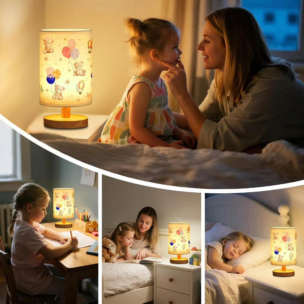 Bear Kids Table Lamp Kids Bedside Lamp with Linen Wooden Nightstand Cartoon Nursery Lampshade for Girls Boys Living