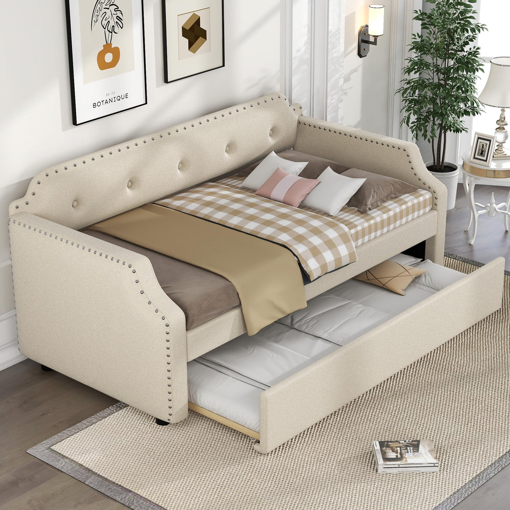 Twin Size Daybed with Trundle, Upholstered DayBed and A Trundle, Modern Tufted Sofa Bed Linen Fabric Daybed, Solid