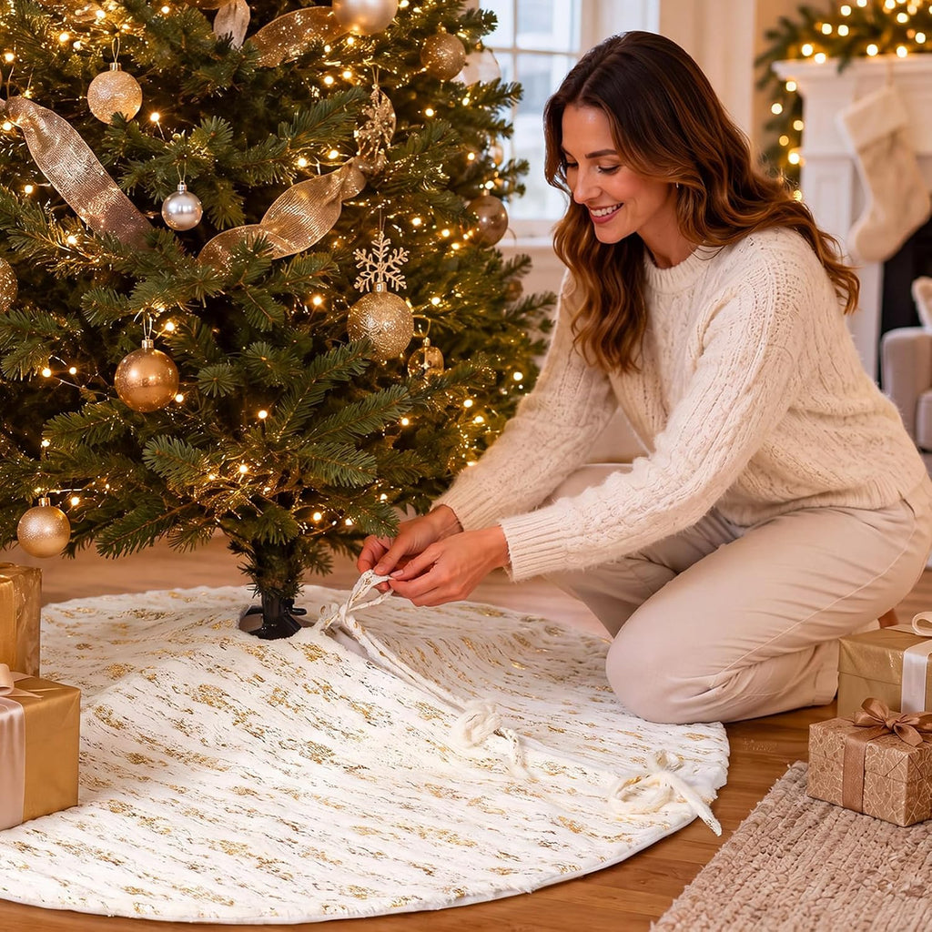 48 Inch Christmas Tree Skirt with Bows, White Faux Fur Golden Stamping on