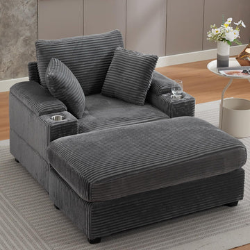 50" Oversized Chaise Lounge Chair Indoor with Ottoman and Storage, Comfy Corduroy Sleeper Chair with Cup Holder, Deep