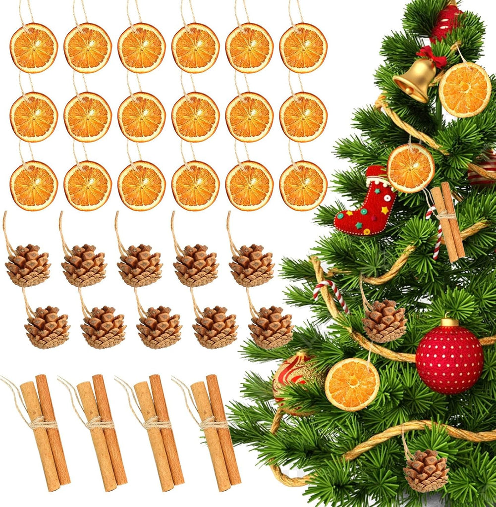 Christmas Ornaments Set, Jute Tied Dried Orange Cinnamon Pinecone - Set of 31