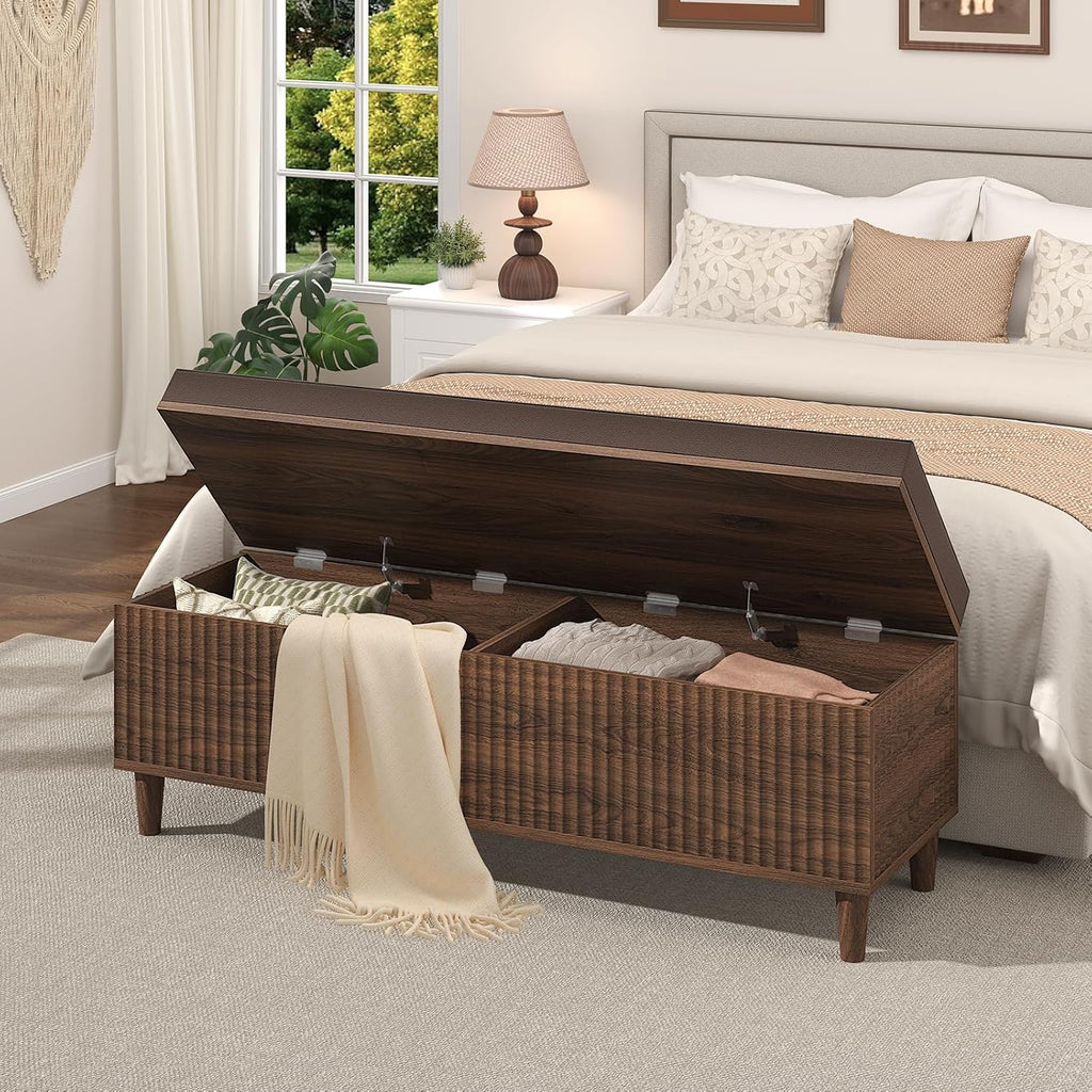 51" Storage Ottoman Bench, Fluted Wooden End of Bed Storage Bench with Leather Upholstererd, Mid-Century Modern