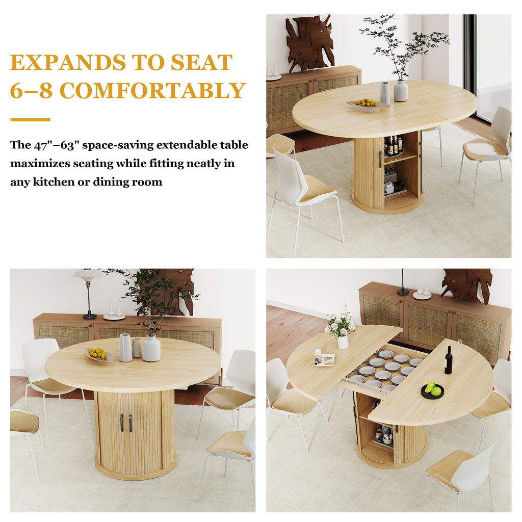 47.2"-63" Extendable Dining Room Table for 4-8, Round-to-Oval Expandable Dining Table with Dust-Proof 2-Tier Shelf