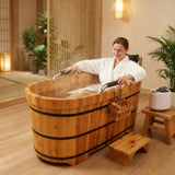 Natural Cypress Wood Hot Tub with Steam Lid & Non-Slip Handrails - 47" Freestanding Spa Bathtub for Adults and Kids