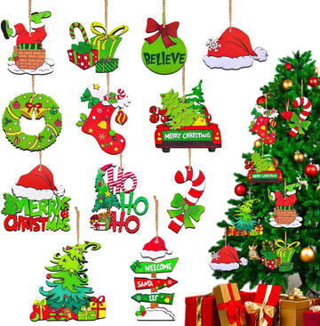 Christmas Tree Decorations Set, Wooden Christmas Ornaments Bulk - Set of 12