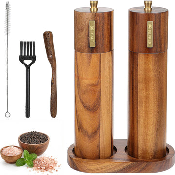 Wooden Salt and Pepper Grinder Set,8.46 inch Adjustable Coarseness Manual Salt and Pepper Mill with Brush - Set of 2