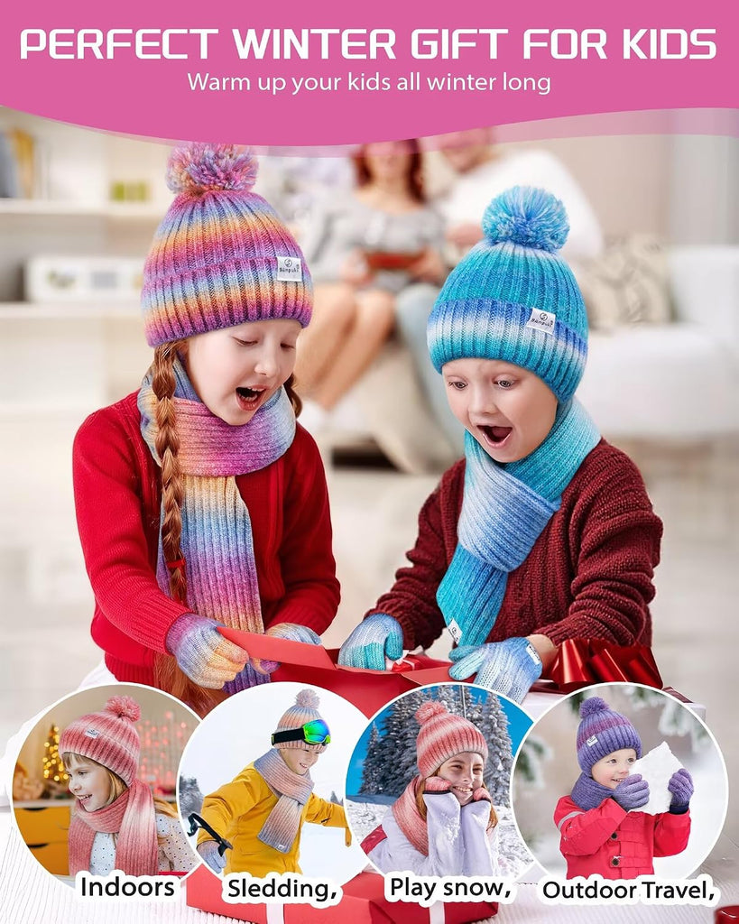 Kids Winter Beanie Gloves Scarf Set,Girls Toddler Winter Hat With Pom Neck Warmer Gaiter Mittens Fleece Lined Set