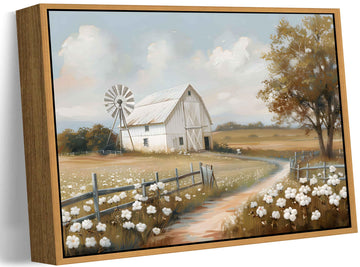 Framed Barn Canvas Wall Art Farmhouse Rustic Decor Pictures Farm Windmill Countryside Nature Field Meadow Flower