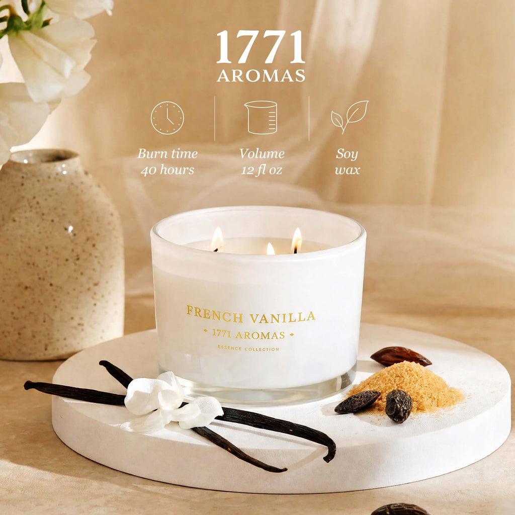 French Vanilla Scented Candle - 100% Natural Soy Wax - Large 3 Wick Jar - Up to 40 Hours Burning Time - Aromatherapy