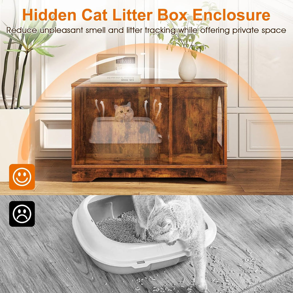 Cat Litter Box Enclosure, Modern Hidden Litter Box Furniture with Double Doors, Side Entry, Cat House, Side End