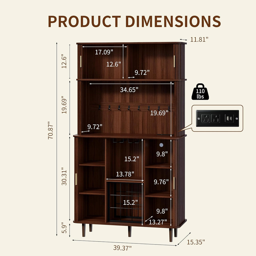 71" Tall Wine Bar Cabinet with Storage & Wine Rack,Fluted Liquor Cabinet,Modern Coffee Bar Cabinet with LED Lights