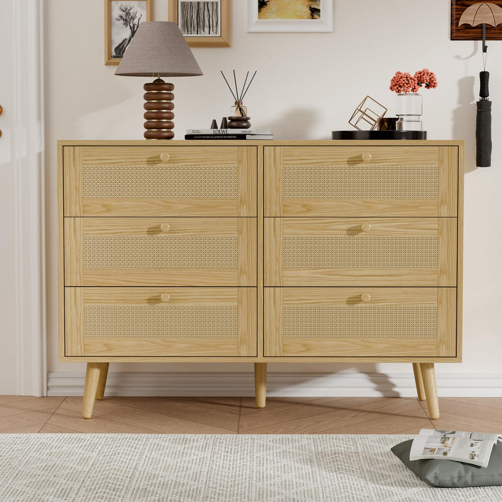 6 Drawer Dresser, Rattan Chest of Drawers, Oak