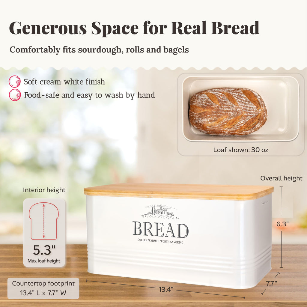 Bread Box - Metal Countertop, Bamboo Lid, Farmhouse