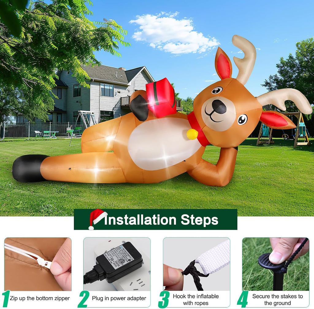 12 FT Giant Christmas Inflatable Reindeer Outdoor Decorations, Large Blow Up Reindeer with Gift Box Decor, Built-in