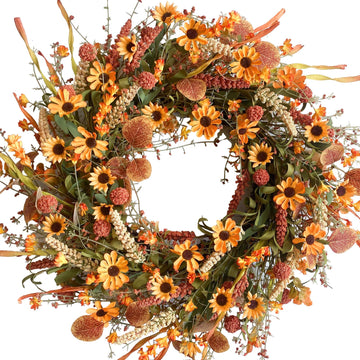 Fall Front Door Wreath, 22" Artificial Floral with Colorful Daisies and Autumn Foliage - Orange for Wall, Window and