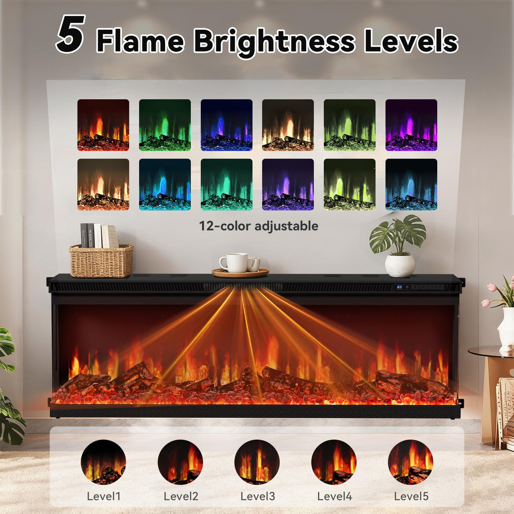 72-inch 3-Sided Wall Mount Electric Fireplace, Recessed & Built-in Design with Wi-Fi/Remote, 1500W Heater, 12 Flame