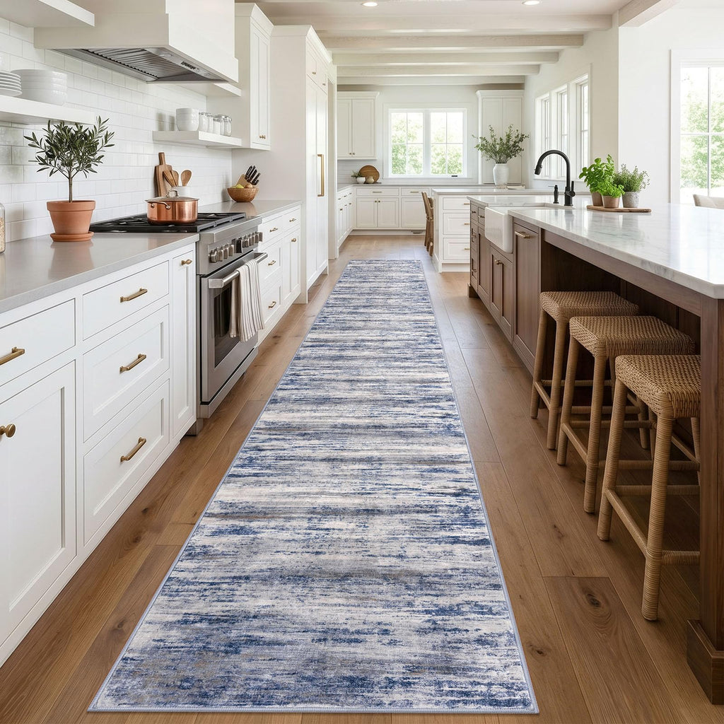 Modern Long Hallway Runner Rug 2.6x20 Washable Rug Runner Grey Blue