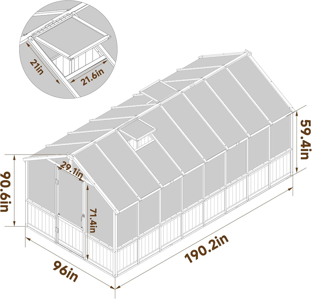 8x16FT Wood Greenhouse, Greenhouses with Cedar Frame, 6MM Thick Polycarbonate Panel, Wooden Green House with