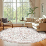 Kalen Round Rug 8ft Area Rug Washable Vintage Indoor Retro Accent Floor Cover Distressed Floral 8' R