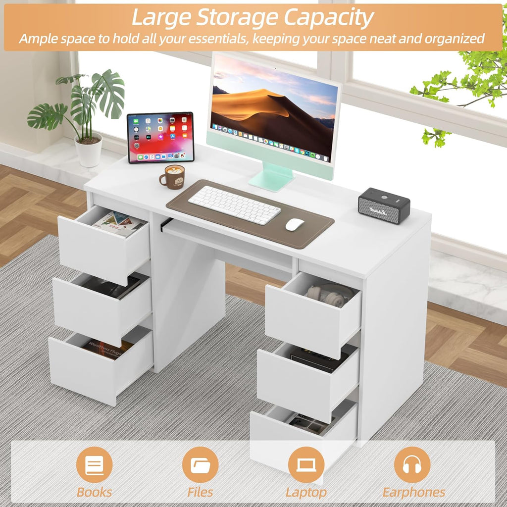 Computer Desk with 6 Drawers, 47'' Home Office Desk with Storage & Keyboard Shelf, White Gaming Desks