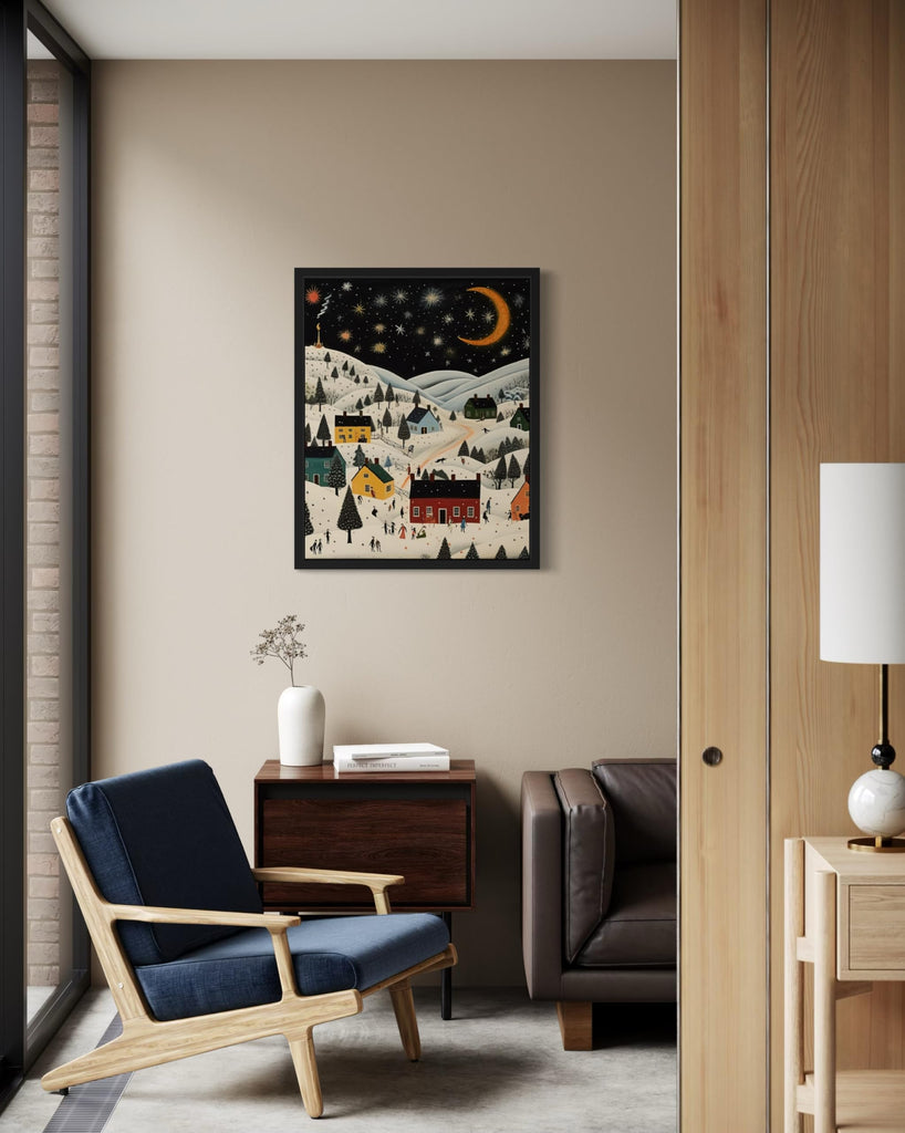 Starry Night Black Framed Wall Art Poster Print, Scenery Landscape American Folk Art, Naive Painting Decor Gallery 31