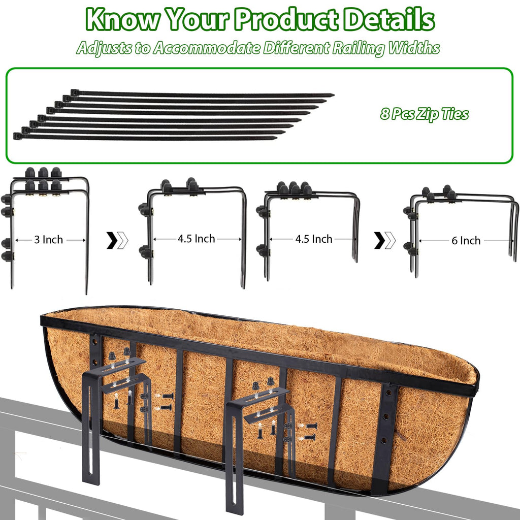 Railing Planter Window Box - 2 Pack 30 Inch Deck Balcony Rail Planter with Coconut Coir Liner, Fence Metal Hanging