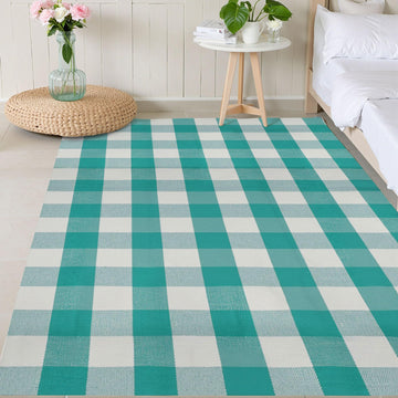 Buffalo Plaid Rug 4' x 6' Light Blue and White Large Front Door Mat, Layering Area Rug, Spring Summer Rug for Outdoor