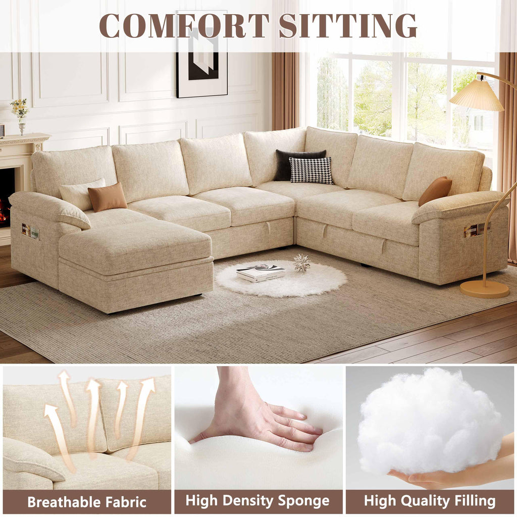 106'' Modular Sectional Sofa with Pull Out Bed, Sleeper Sofa, Beige