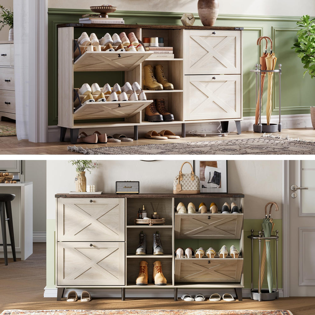 63" Farmhouse Shoe Storage Cabinet Washed White