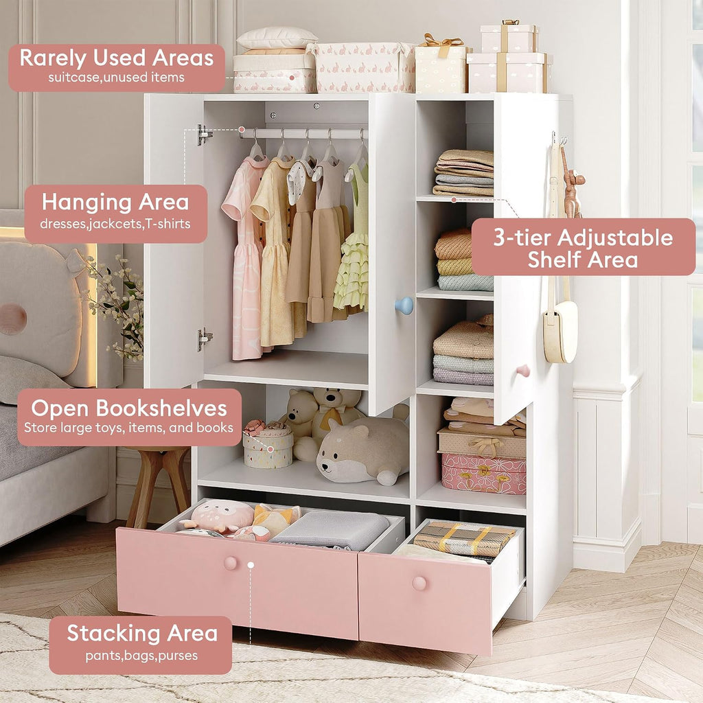 White Armoire Wardrobe Closet with Hanging Rod - Freestanding 3-Door Wooden Wardrobe Cabinet Closet Armoires