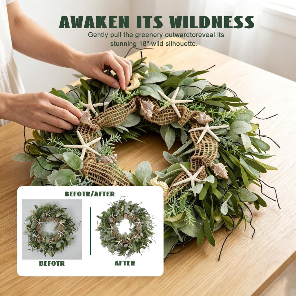 CIR OAOSES 18 Inch Green Ear Lambs Leaves Starfish Wreaths for Front Door, Rustic and Farmhouse Spring Summer