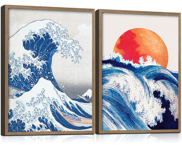 Framed Japanese Wave Canvas Wall Art 2Pcs Hokusai Home Decor 12X16 Inch