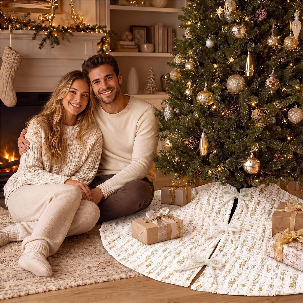 48 Inch Christmas Tree Skirt with Bows, White Faux Fur Golden Stamping on