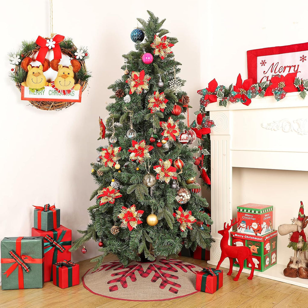 Christmas Tree Skirt, 30 Inch Rustic Burlap Tree Skirt with Large Black and Red Plaid Snowflake Printed Christmas