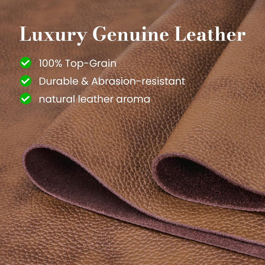 Square Genuine Leather Pouf Ottoman, No-Assembly Modern Footrest (Brown)