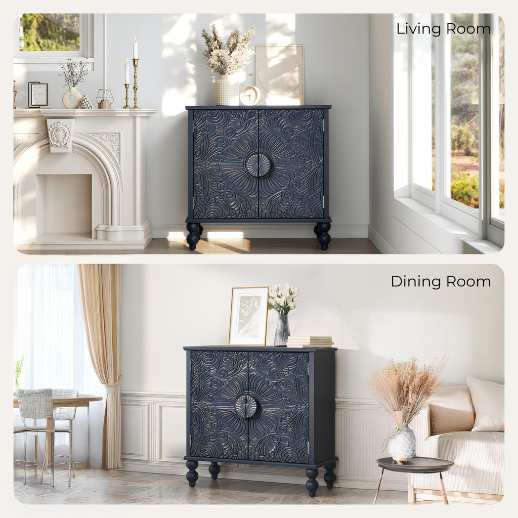 Solid Wood Buffet Cabinet, Accent Cabinet, 2 Carved Doors, Blue